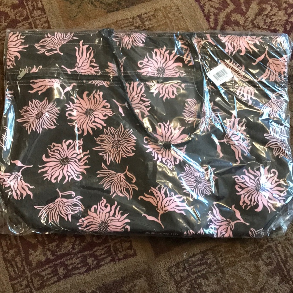 Fun Brown & Pink Floral Zippered Tote Bag